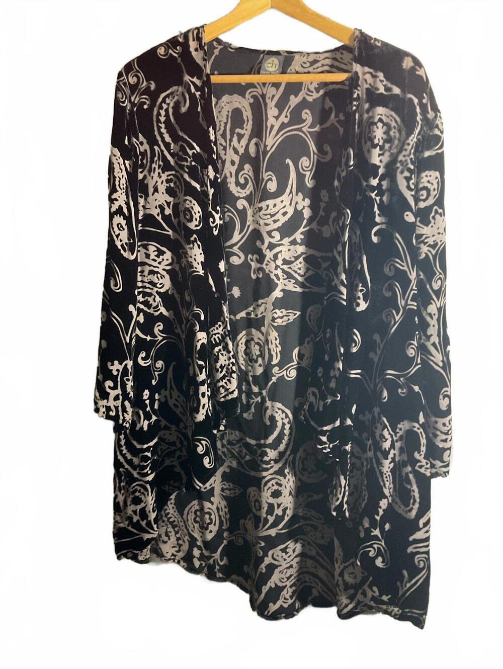 Cocoon House Silk Burnout Black/White Botanical  Art Open Kimono L/XL